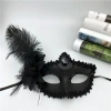 Black Matte Color Side Feathered Rose Venetian Party Ball Mask 16x22 (5365)