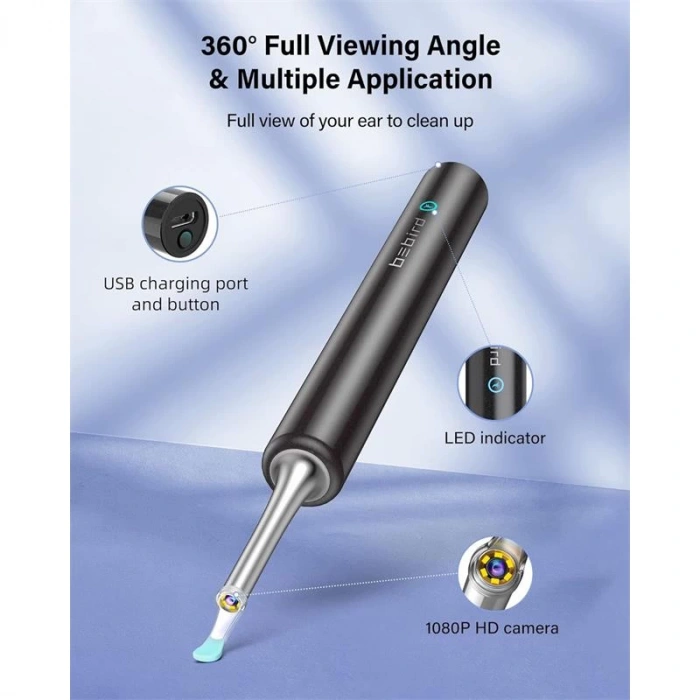 Bebırd T5 3mp Kamera 3.5mm Lens Şarjlı Wıfı Görüntülü Kulak Temizleyici Siyah Renk