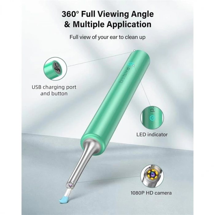 Bebırd T5 3mp Kamera 3.5mm Lens Şarjlı Wıfı Görüntülü Kulak Temizleyici Yeşil Renk