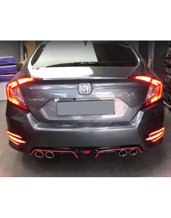 Honda Civic Fc5 2016-2020 Uyumlu 4 Egzoz Difüzör - Kırmızı Şeritli Piano Black