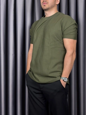 Kollar Dar Kesim Wuffle Kumaş Tshirt - Haki