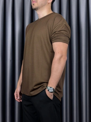 Kollar Dar Kesim Wuffle Kumaş Tshirt - Kahverengi