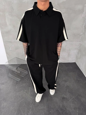 POLO YAKA ŞERİT DETAY BAGGY RAHAT KALIP EŞOFMAN TAKIM -SİYAH