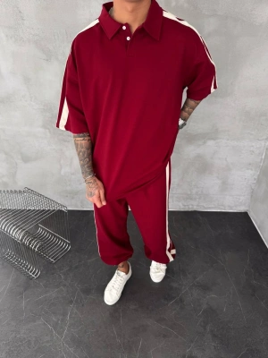 POLO YAKA ŞERİT DETAY BAGGY RAHAT KALIP EŞOFMAN TAKIM -KIRMIZI