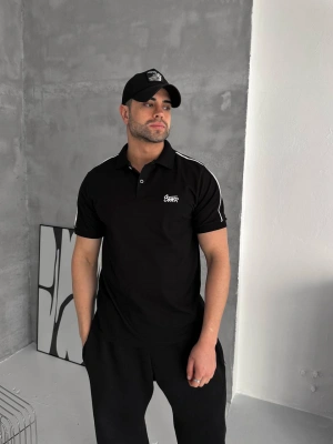 STWD NAKIŞ DETAY POLO YAKA OVERSİZE TSHİRT -SİYAH