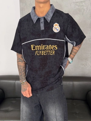 MDRD NAKIŞ DETAY POLO YAKA OVERSİZE TSHİRT -SİYAH