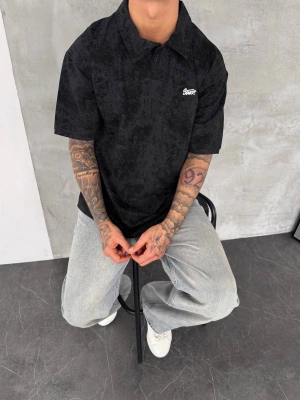 YIKAMALI SWD OVERSİZE POLO YAKA TSHİRT -SİYAH