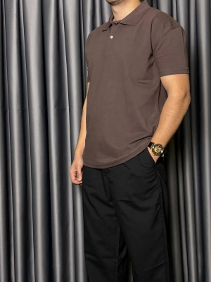 Polo Yaka Kollar Dar Kesim Tshirt - Kahverengi