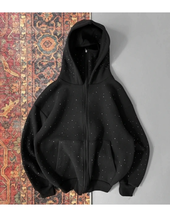 3 İPLİK KUMAŞ MASKELİ HIRKA FULL TAŞ - SİYAH