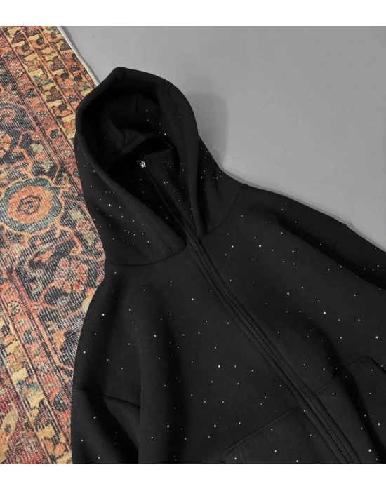 3 İPLİK KUMAŞ MASKELİ HIRKA FULL TAŞ - SİYAH