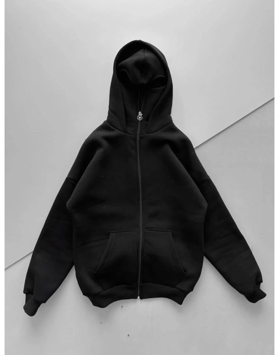 3 İPLİK KUMAŞ MASKELİ HIRKA - SİYAH