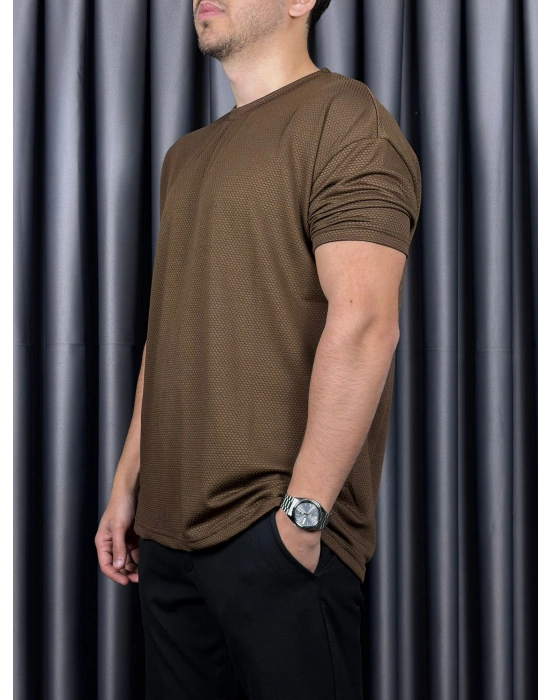 Kollar Dar Kesim Wuffle Kumaş Tshirt - Kahverengi