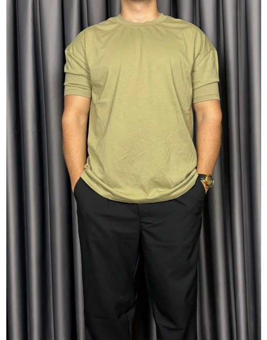 Basic Kollar Dar Kesim Tshirt - Zeytin Yeşili