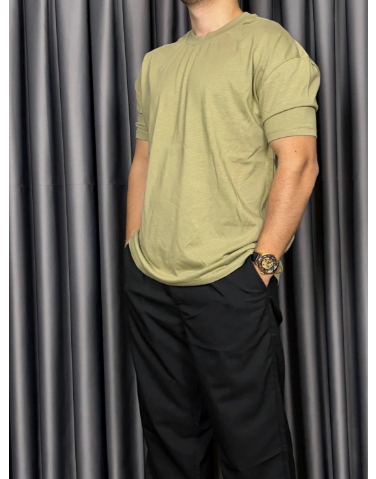 Basic Kollar Dar Kesim Tshirt - Zeytin Yeşili