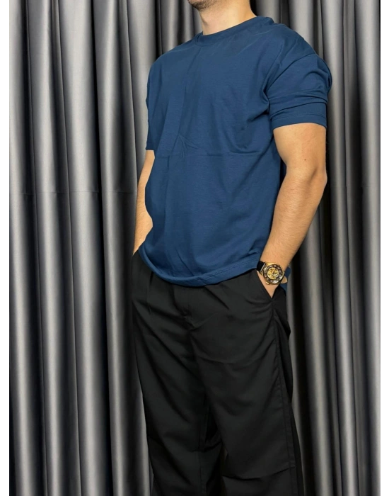 Basic Kollar Dar Kesim Tshirt - İndigo