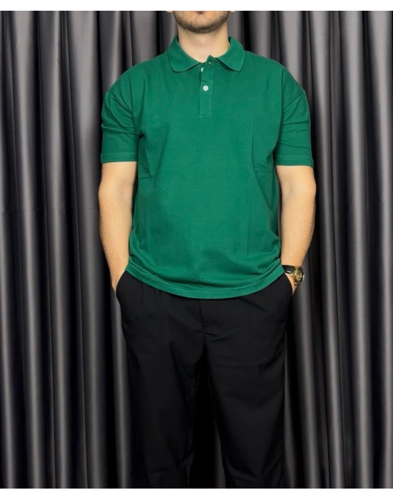 Polo Yaka Kollar Dar Kesim Tshirt - Koyu Yeşil