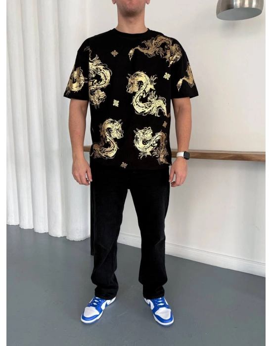 HOLOGRAM BASKI DETAY OVERSİZE TSHİRT - SİYAH