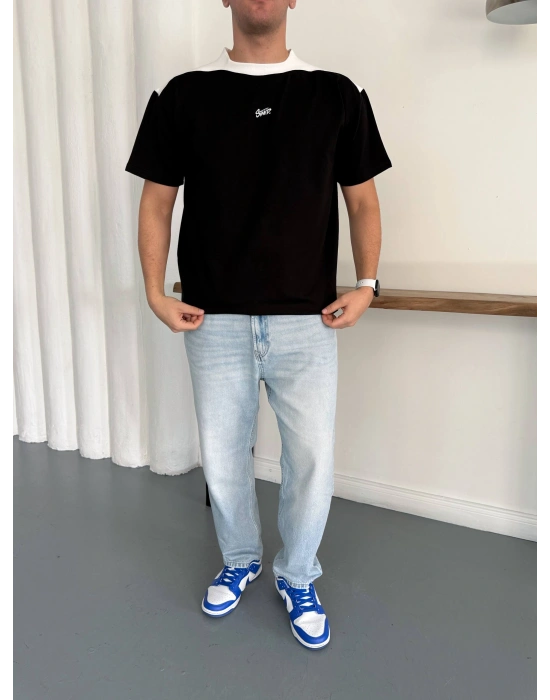 SWD NAKIŞ DETAY OVERSİZE TSHİRT -SİYAH