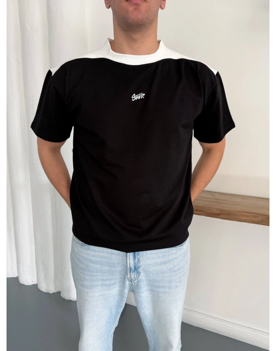 SWD NAKIŞ DETAY OVERSİZE TSHİRT -SİYAH