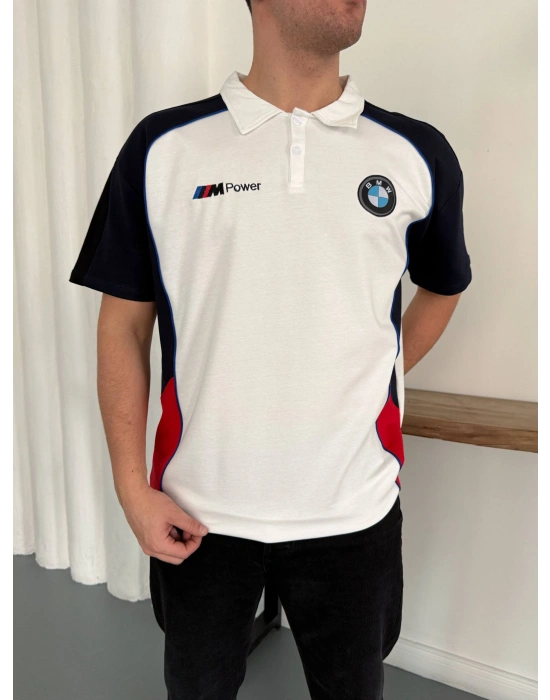 BMW POWER POLO YAKA OVERSİZE TSHİRT -BEYAZ