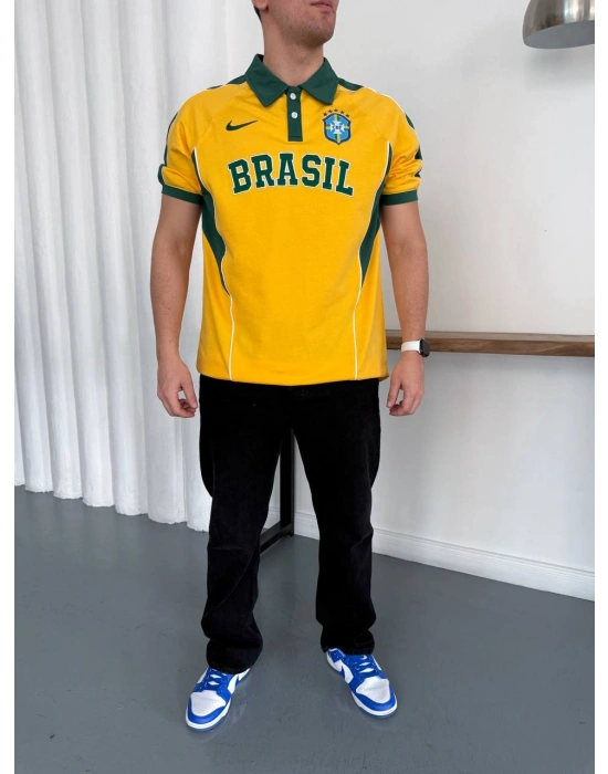 BRASİL POLO YAKA BASKI DETAY TSHİRT -SARI