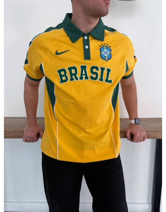 BRASİL POLO YAKA BASKI DETAY TSHİRT -SARI
