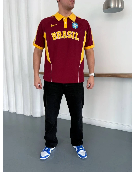 BRASİL POLO YAKA BASKI DETAY TSHİRT -BORDO