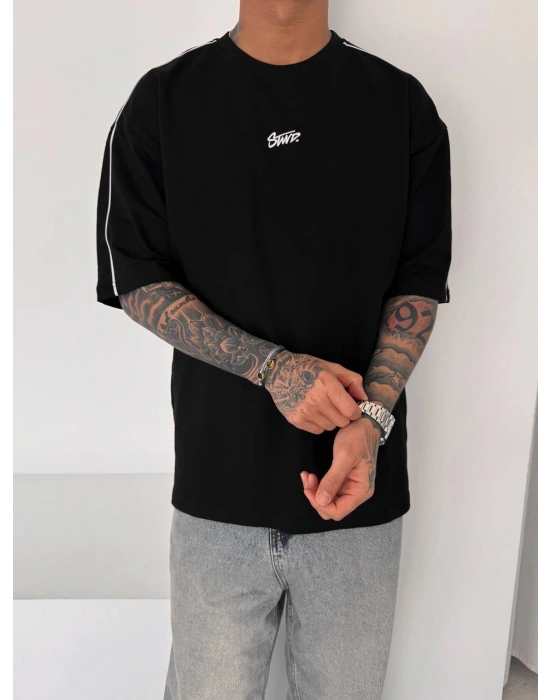 STWD NAKIŞ DETAY OVERSİZE TSHİRT -SİYAH