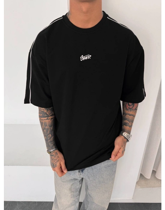 STWD NAKIŞ DETAY OVERSİZE TSHİRT -SİYAH
