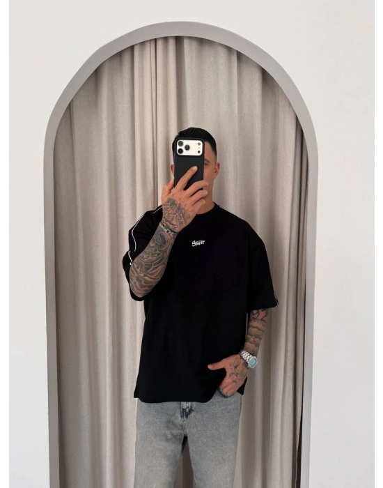 STWD NAKIŞ DETAY OVERSİZE TSHİRT -SİYAH