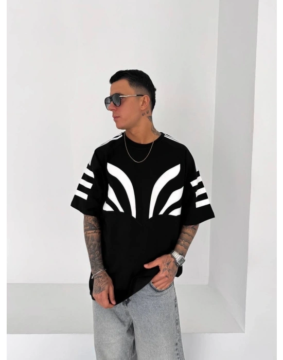 LOGOLU ÜRÜN NAKIŞ DETAY OVERSİZE TSHİRT -SİYAH
