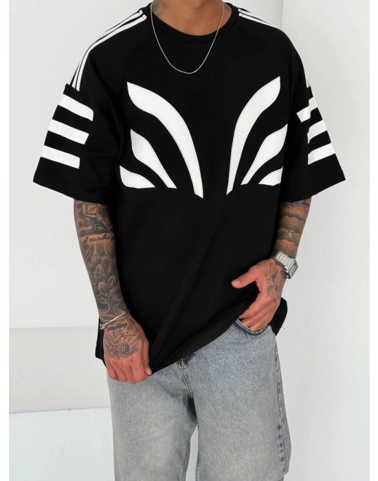 LOGOLU ÜRÜN NAKIŞ DETAY OVERSİZE TSHİRT -SİYAH