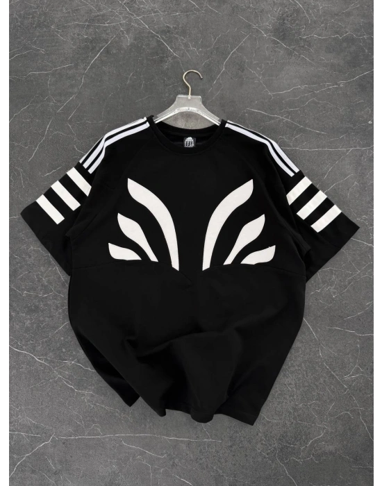 LOGOLU ÜRÜN NAKIŞ DETAY OVERSİZE TSHİRT -SİYAH