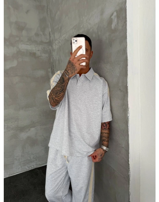 POLO YAKA ŞERİT DETAY BAGGY RAHAT KALIP EŞOFMAN TAKIM -BEYAZ