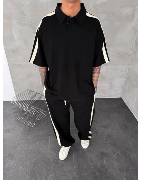 POLO YAKA ŞERİT DETAY BAGGY RAHAT KALIP EŞOFMAN TAKIM -SİYAH