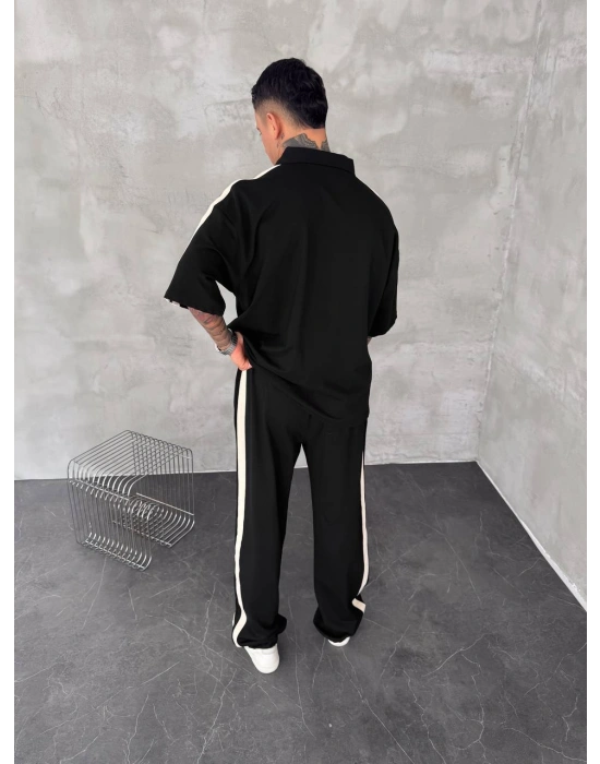 POLO YAKA ŞERİT DETAY BAGGY RAHAT KALIP EŞOFMAN TAKIM -SİYAH