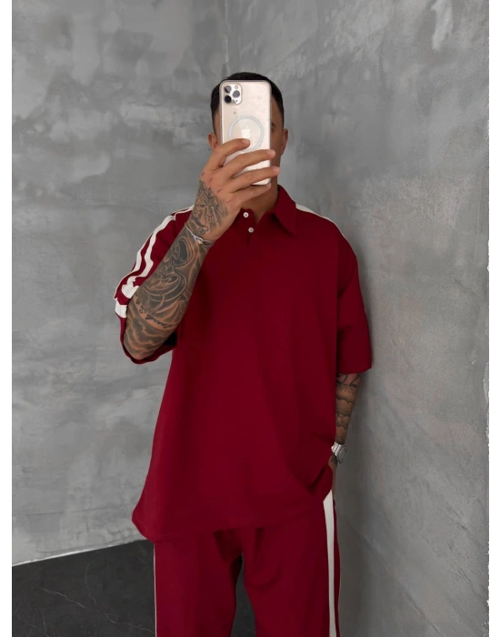 POLO YAKA ŞERİT DETAY BAGGY RAHAT KALIP EŞOFMAN TAKIM -KIRMIZI