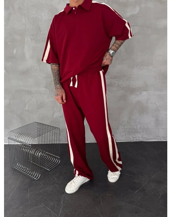 POLO YAKA ŞERİT DETAY BAGGY RAHAT KALIP EŞOFMAN TAKIM -KIRMIZI
