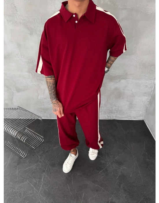 POLO YAKA ŞERİT DETAY BAGGY RAHAT KALIP EŞOFMAN TAKIM -KIRMIZI
