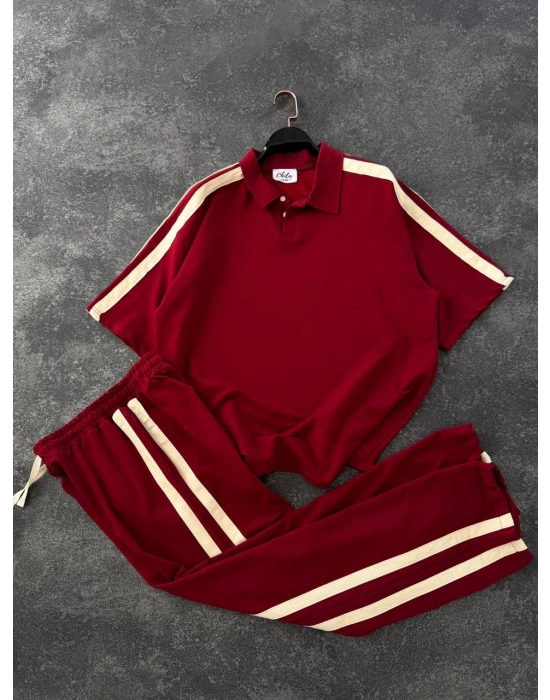 POLO YAKA ŞERİT DETAY BAGGY RAHAT KALIP EŞOFMAN TAKIM -KIRMIZI