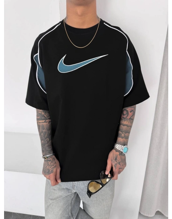 NKE NAKIŞ DETAY OVERSİZE TSHİRT -SİYAH