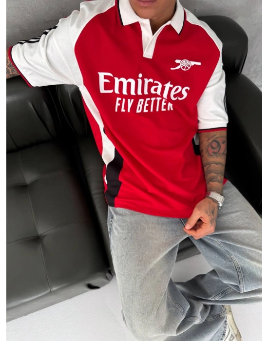 ARSNL NAKIŞ DETAY POLO YAKA OVERSİZE TSHİRT -KIRMIZI