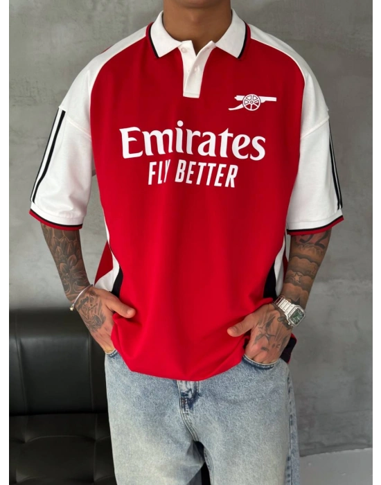 ARSNL NAKIŞ DETAY POLO YAKA OVERSİZE TSHİRT -KIRMIZI