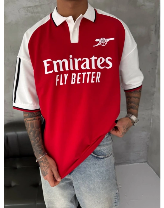 ARSNL NAKIŞ DETAY POLO YAKA OVERSİZE TSHİRT -KIRMIZI