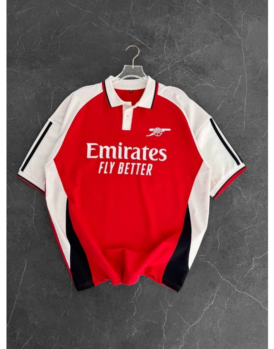 ARSNL NAKIŞ DETAY POLO YAKA OVERSİZE TSHİRT -KIRMIZI