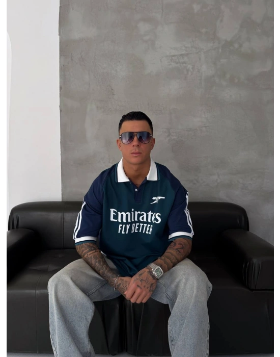 ARSNL NAKIŞ DETAY POLO YAKA OVERSİZE TSHİRT -MAVİ