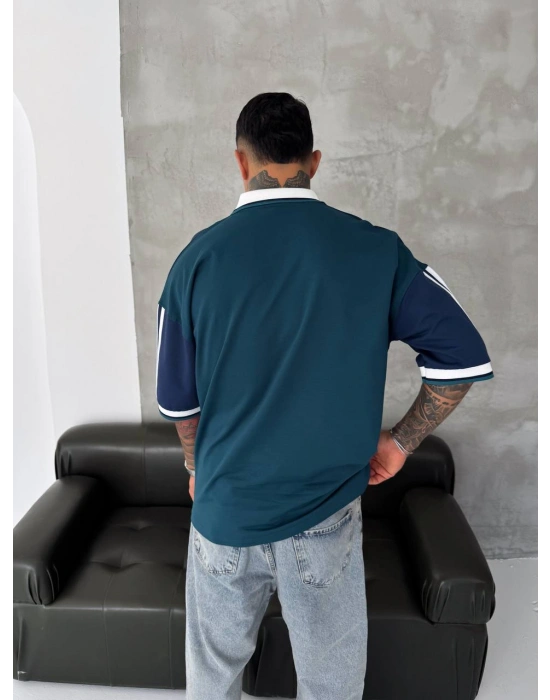 ARSNL NAKIŞ DETAY POLO YAKA OVERSİZE TSHİRT -MAVİ