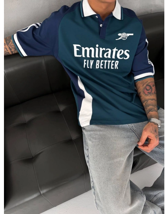 ARSNL NAKIŞ DETAY POLO YAKA OVERSİZE TSHİRT -MAVİ