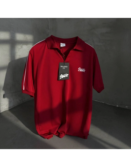 STWD NAKIŞ DETAY POLO YAKA OVERSİZE TSHİRT -KIRMIZI