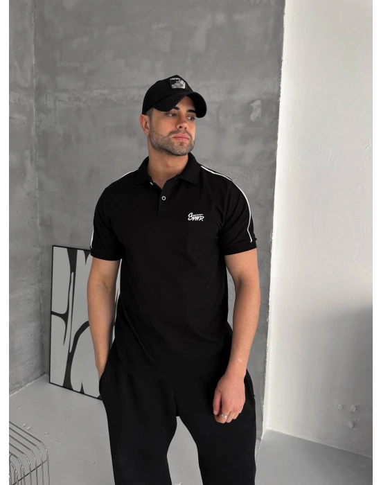 STWD NAKIŞ DETAY POLO YAKA OVERSİZE TSHİRT -SİYAH